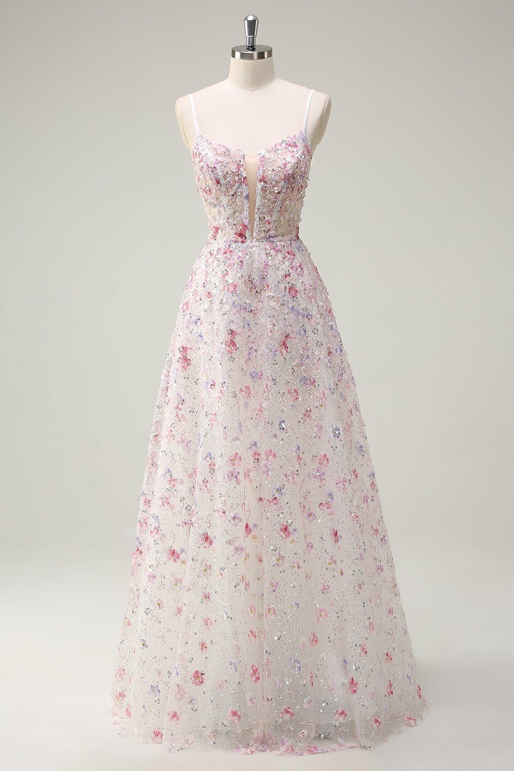 Pink A Line Spaghetti stropper Floral Beaded Prom Kjole