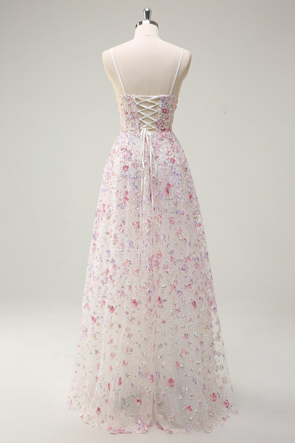 Pink A Line Spaghetti stropper Floral Beaded Prom Kjole