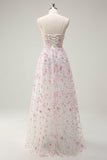 Pink A Line Spaghetti stropper Floral Beaded Prom Kjole