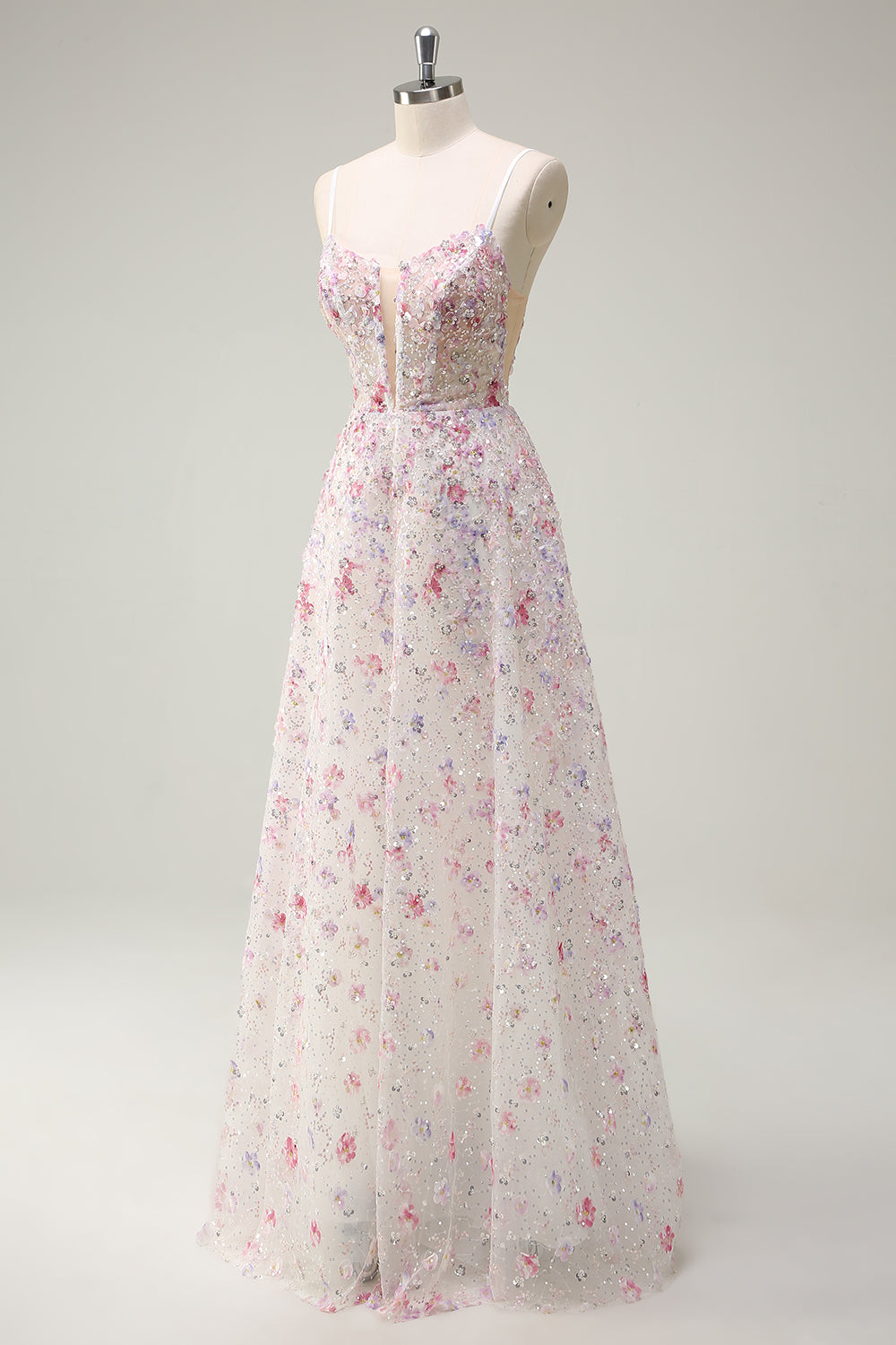 Pink A Line Spaghetti stropper Floral Beaded Prom Kjole
