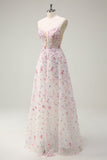 Pink A Line Spaghetti stropper Floral Beaded Prom Kjole