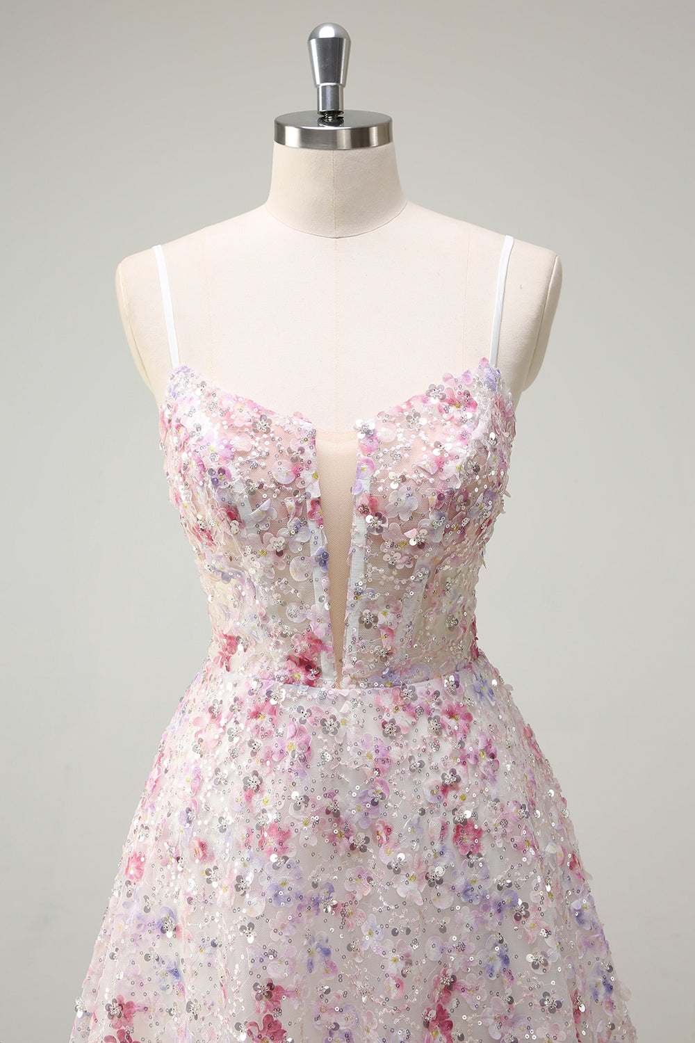 Pink A Line Spaghetti stropper Floral Beaded Prom Kjole