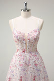 Pink A Line Spaghetti stropper Floral Beaded Prom Kjole
