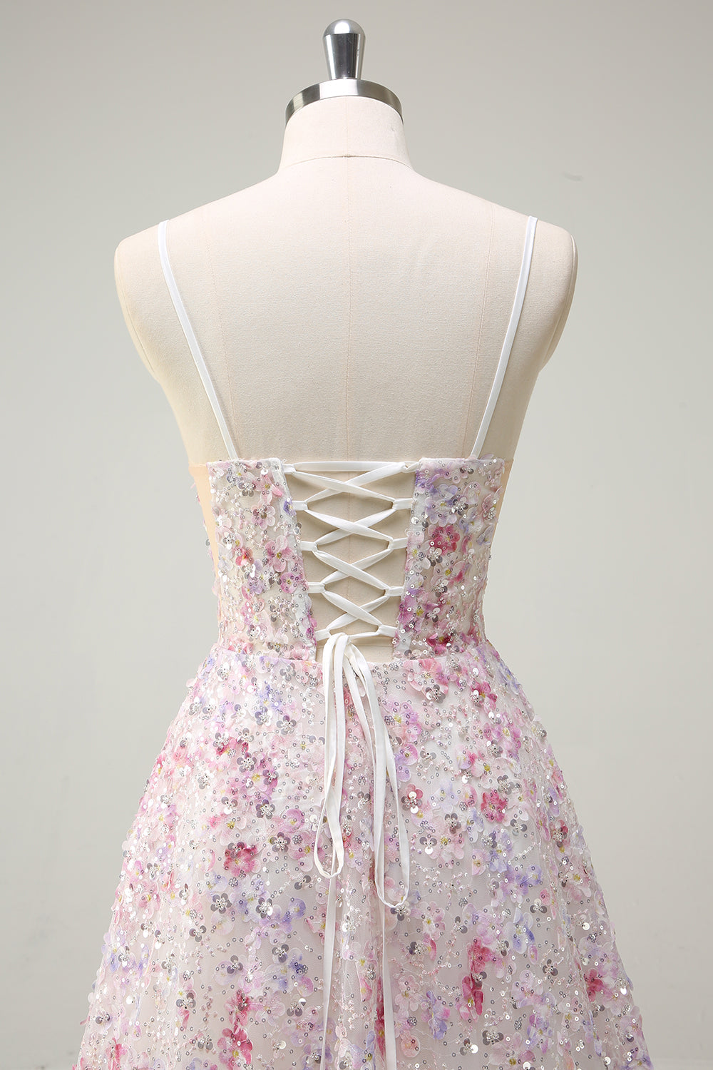 Pink A Line Spaghetti stropper Floral Beaded Prom Kjole