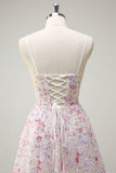 Pink A Line Spaghetti stropper Floral Beaded Prom Kjole