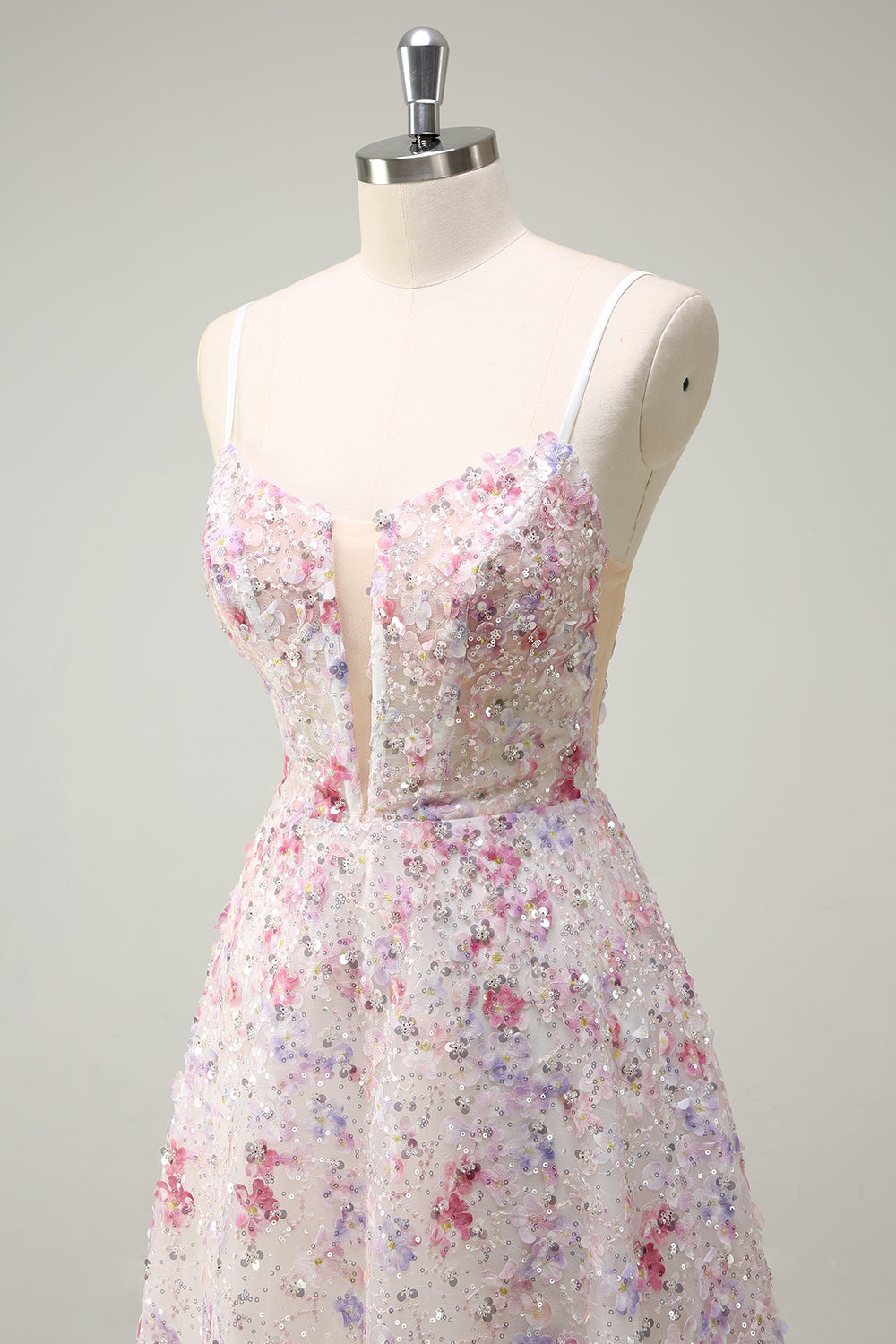 Pink A Line Spaghetti stropper Floral Beaded Prom Kjole