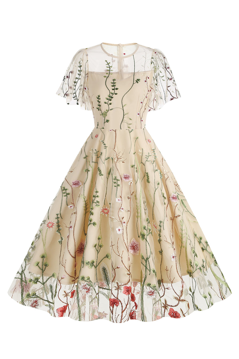 Abrikos A Line Trykt Tyl 1950'er Kjole med korte ærmer