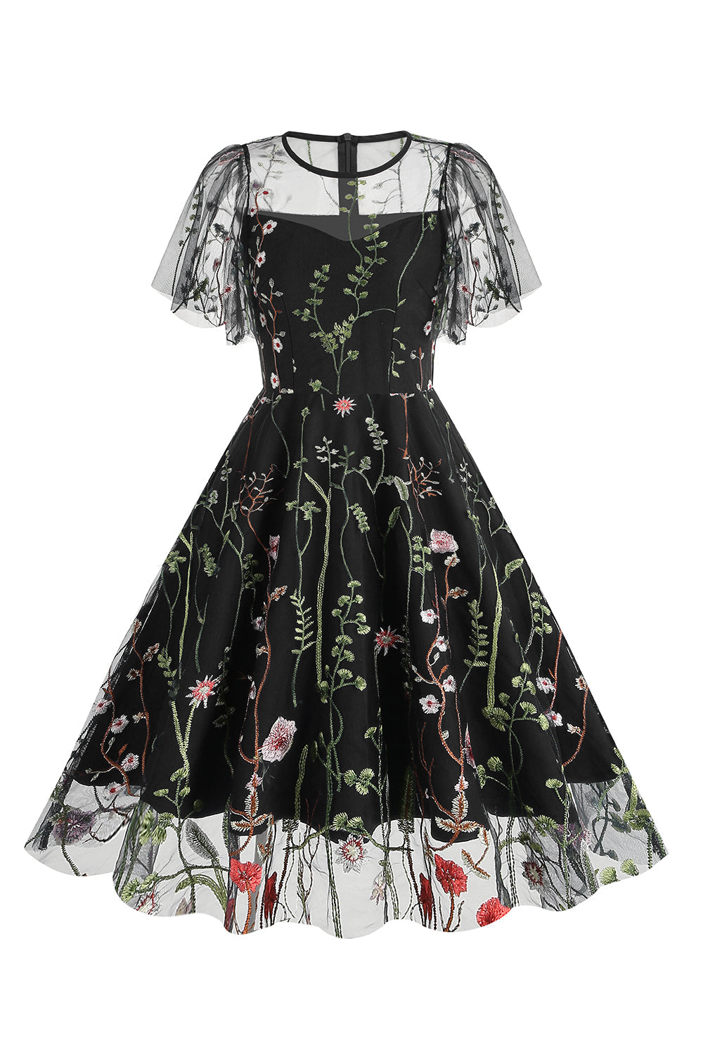 Abrikos A Line Trykt Tyl 1950'er Kjole med korte ærmer