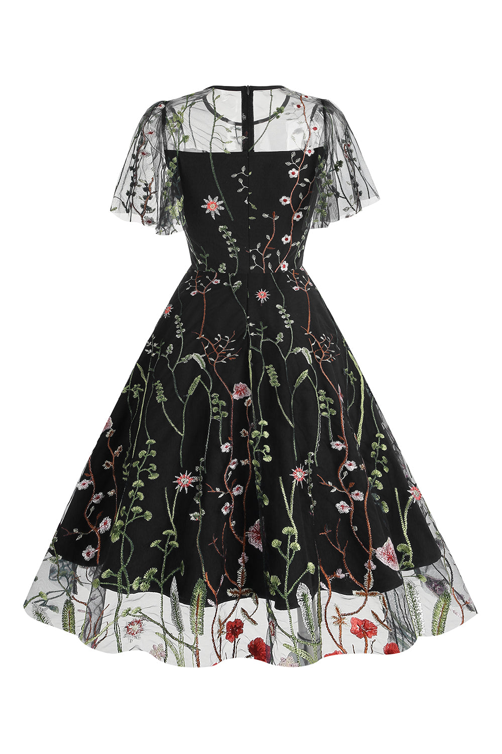 Abrikos A Line Trykt Tyl 1950'er Kjole med korte ærmer