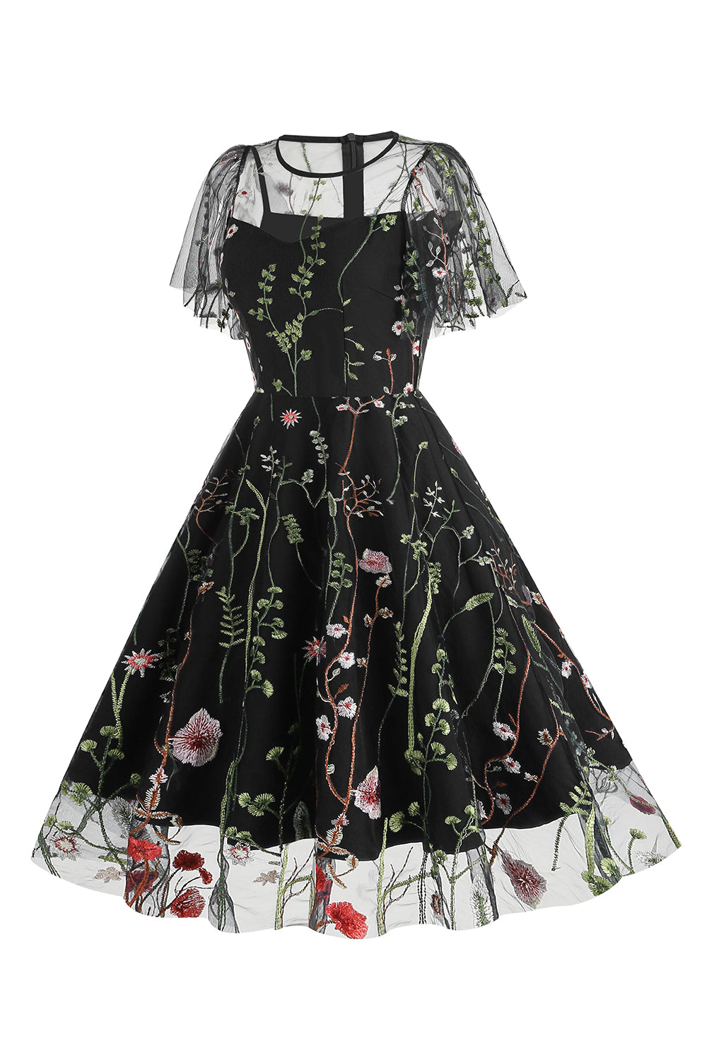 Abrikos A Line Trykt Tyl 1950'er Kjole med korte ærmer