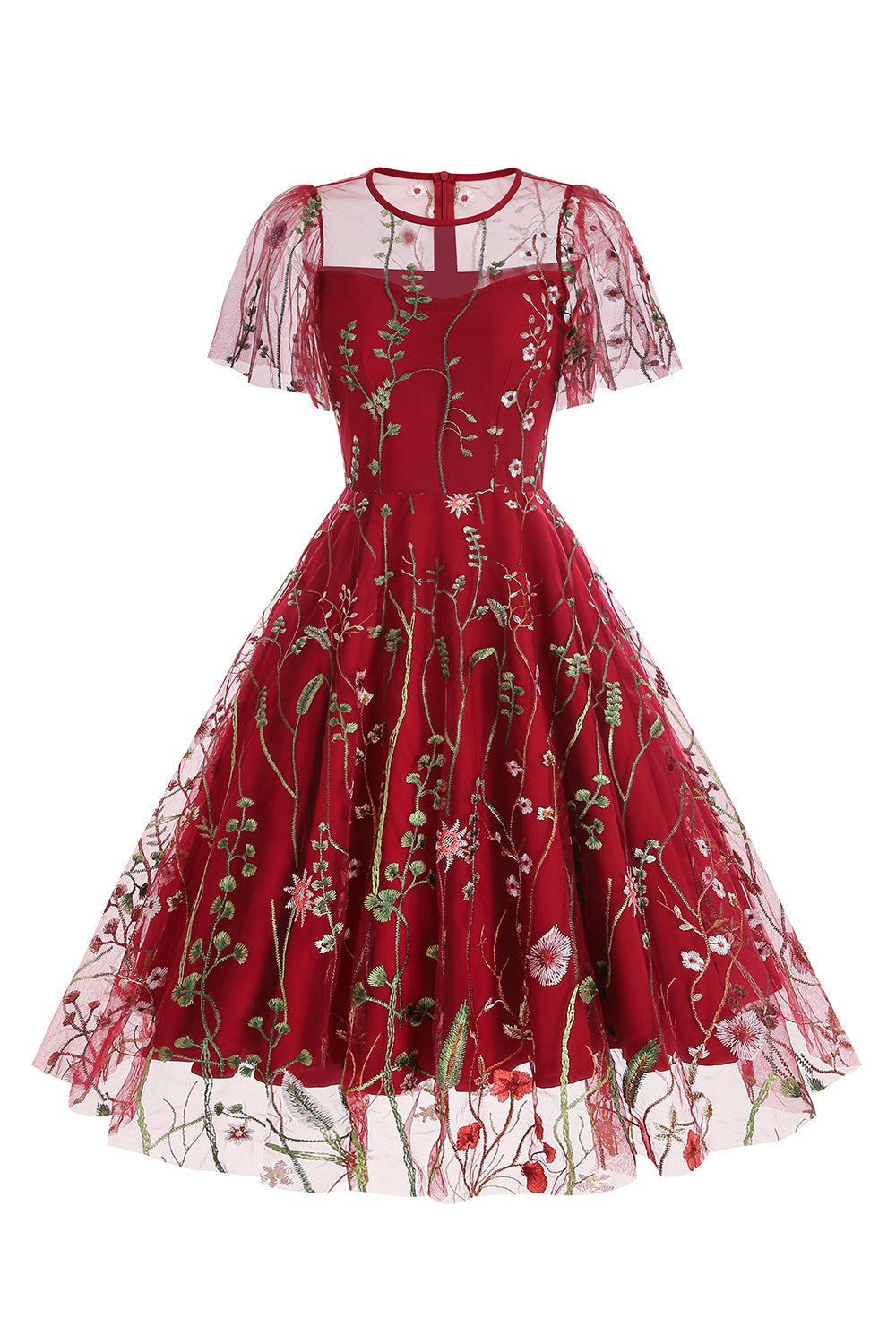 Abrikos A Line Trykt Tyl 1950'er Kjole med korte ærmer