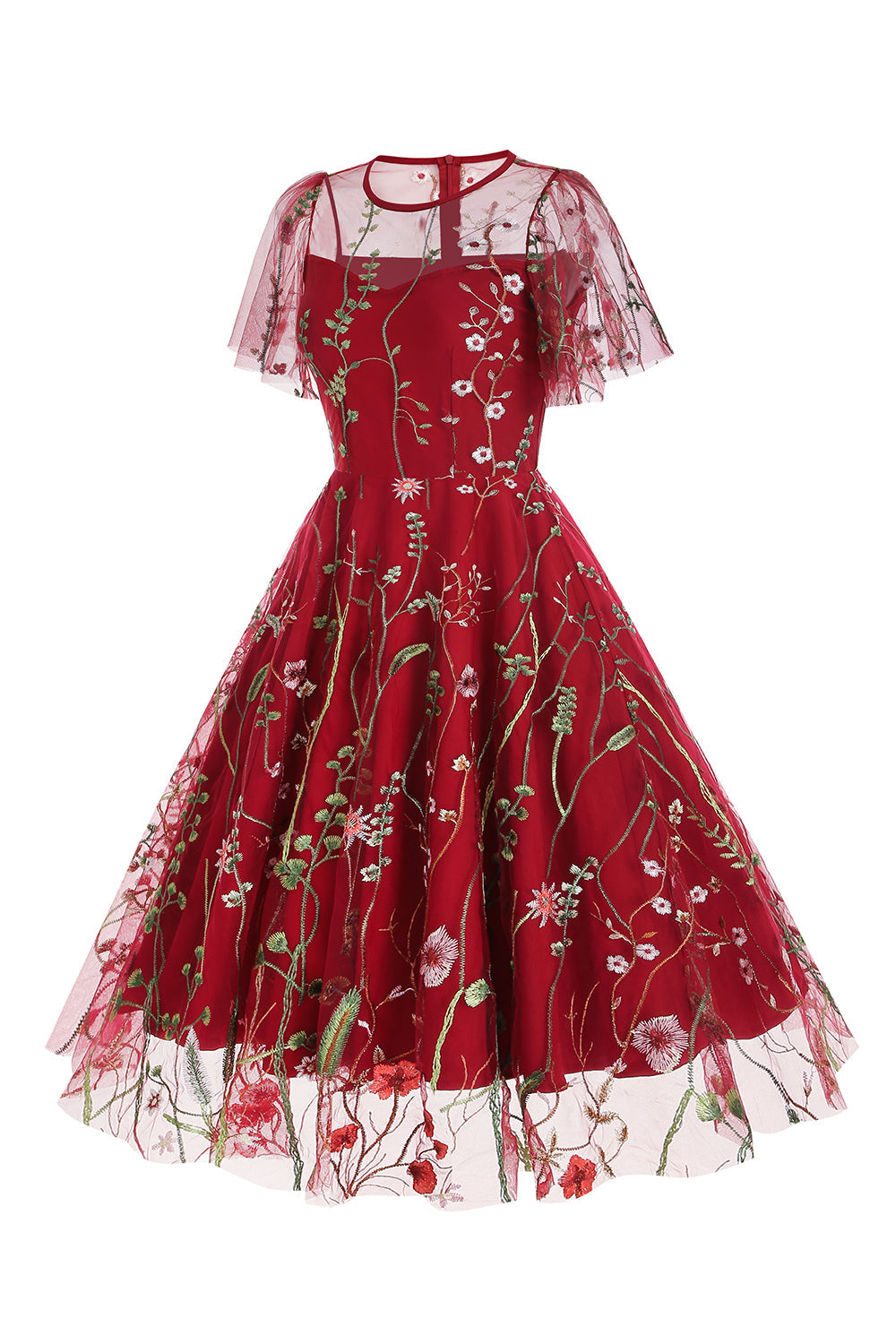 Abrikos A Line Trykt Tyl 1950'er Kjole med korte ærmer