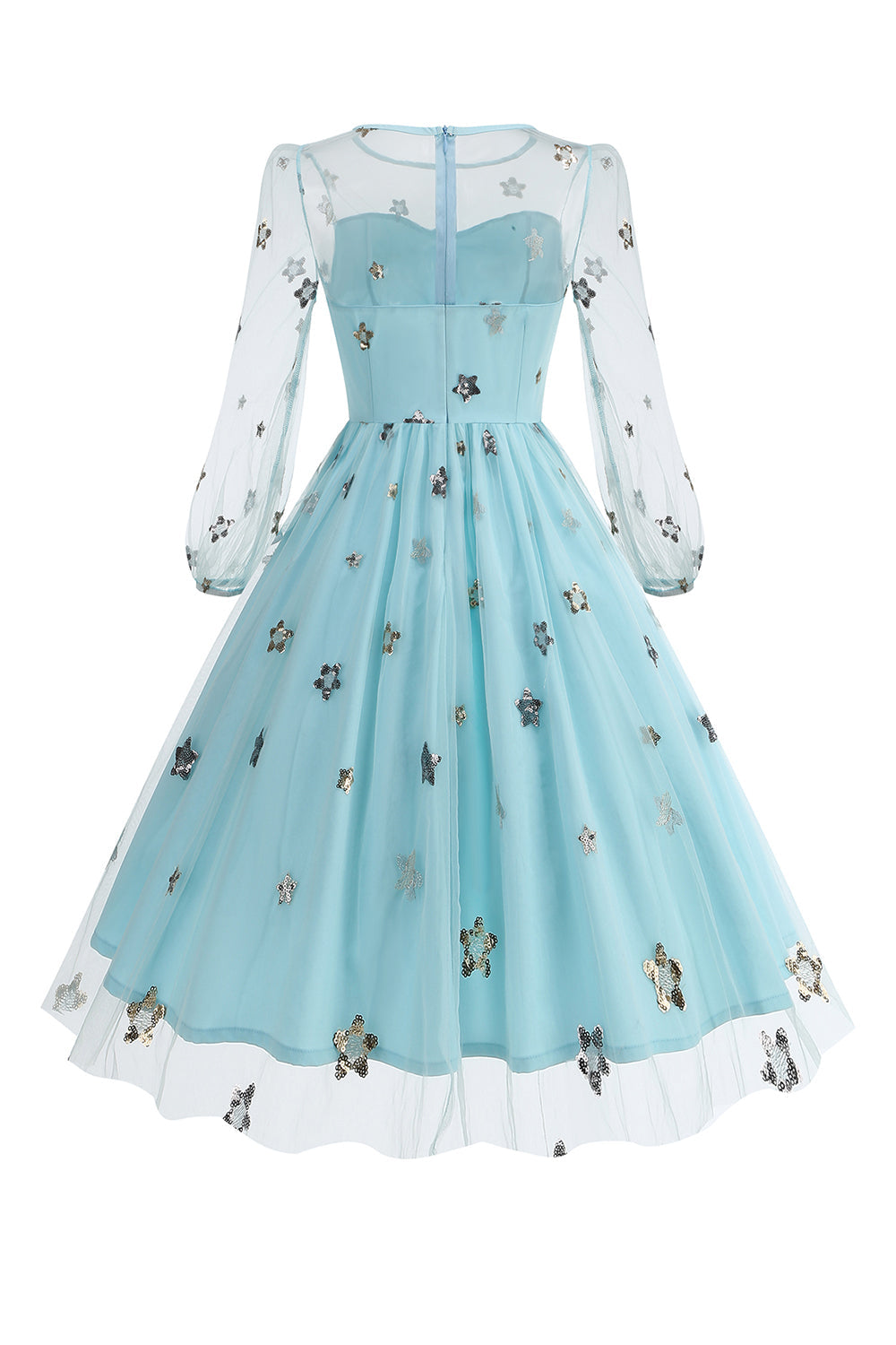 Blomstret blå A-linje 1950'er kjole med lange ærmer