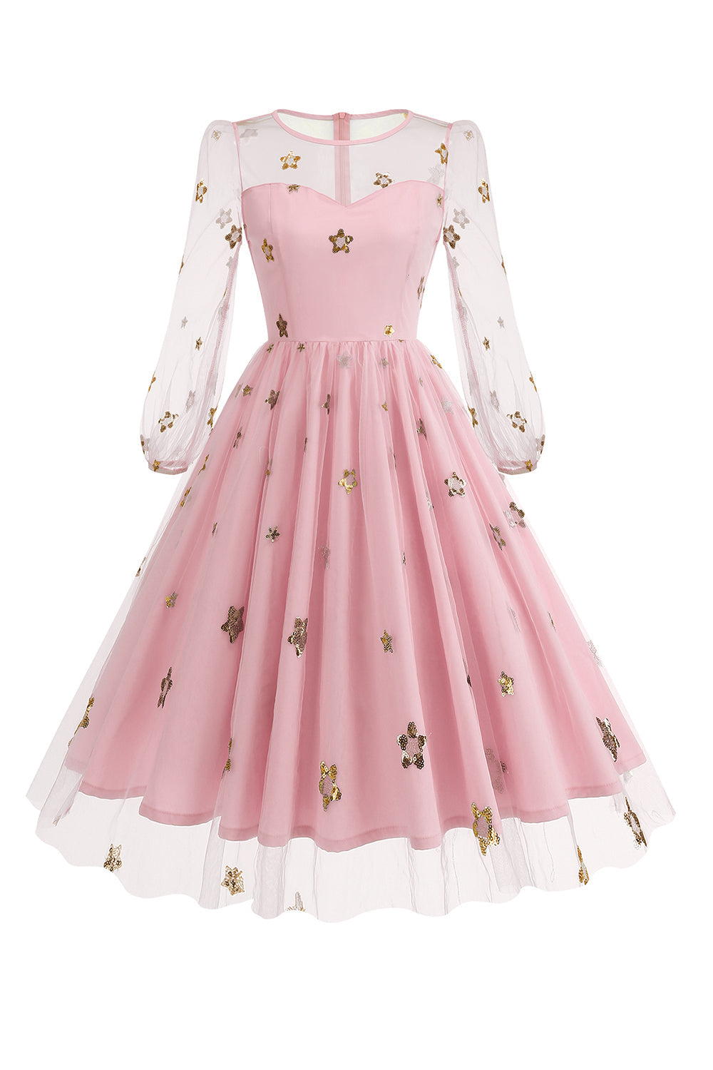 Blomstret blå A-linje 1950'er kjole med lange ærmer