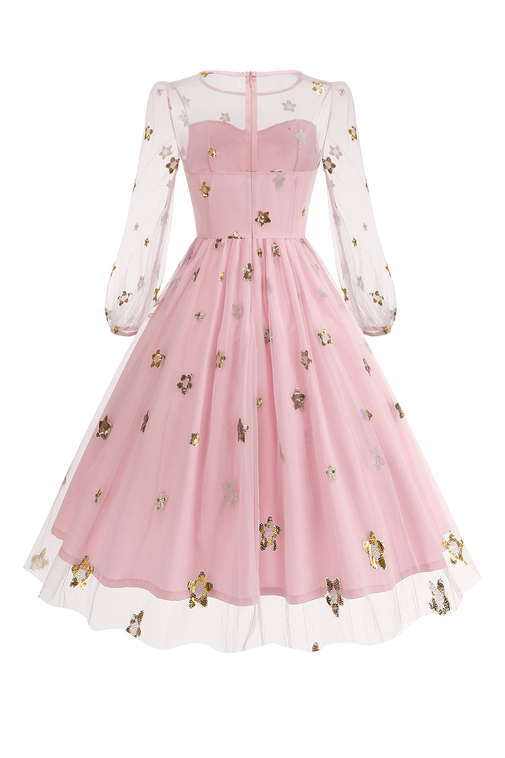 Blomstret blå A-linje 1950'er kjole med lange ærmer