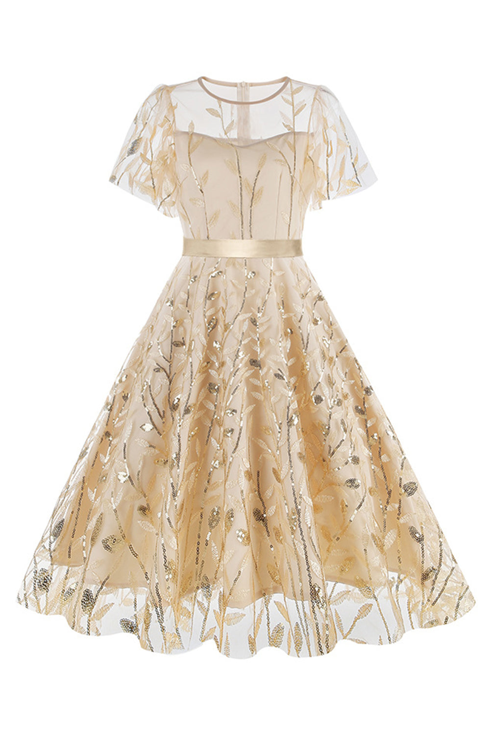 Abrikos pailletter blad broderet mesh overlay elegant vintage kjole