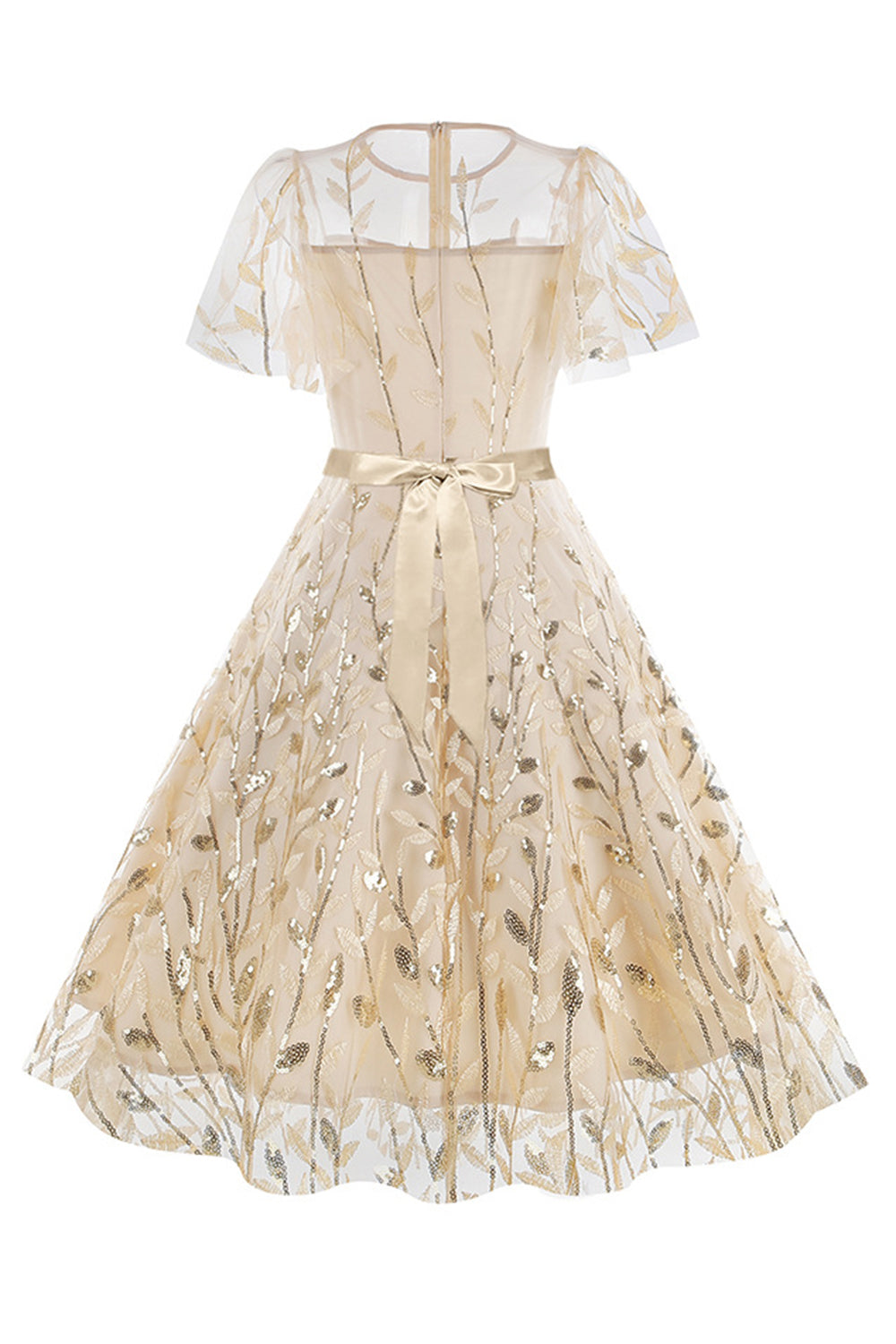 Abrikos pailletter blad broderet mesh overlay elegant vintage kjole