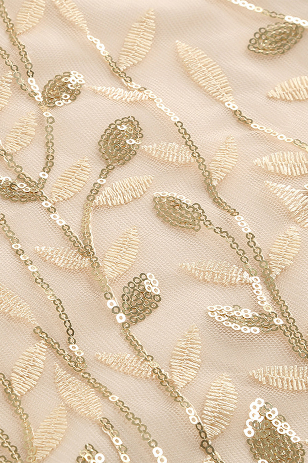 Abrikos pailletter blad broderet mesh overlay elegant vintage kjole