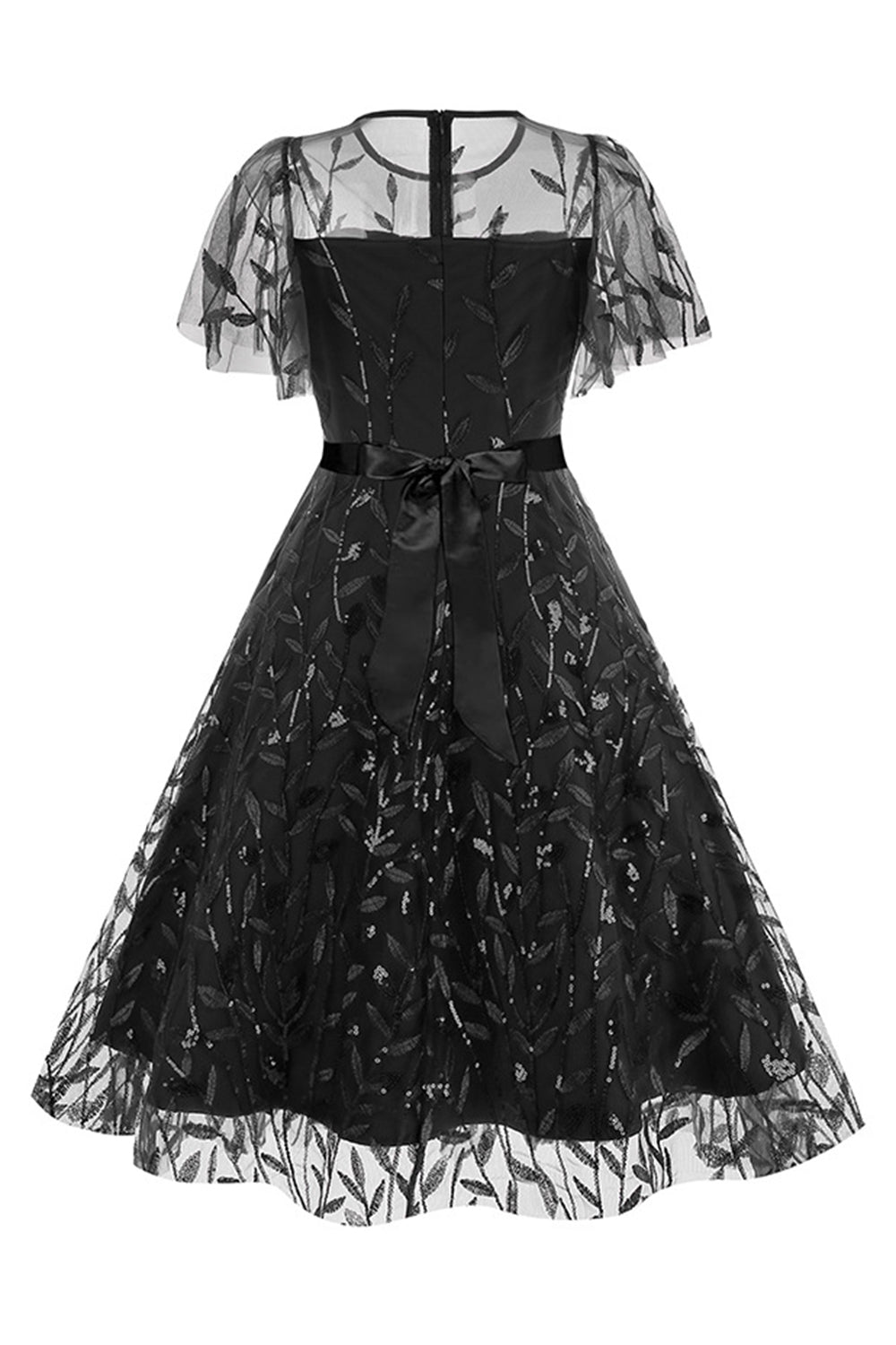 Abrikos pailletter blad broderet mesh overlay elegant vintage kjole