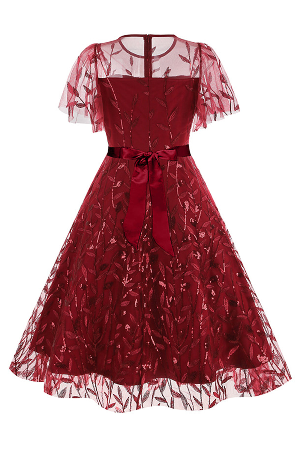 Abrikos pailletter blad broderet mesh overlay elegant vintage kjole