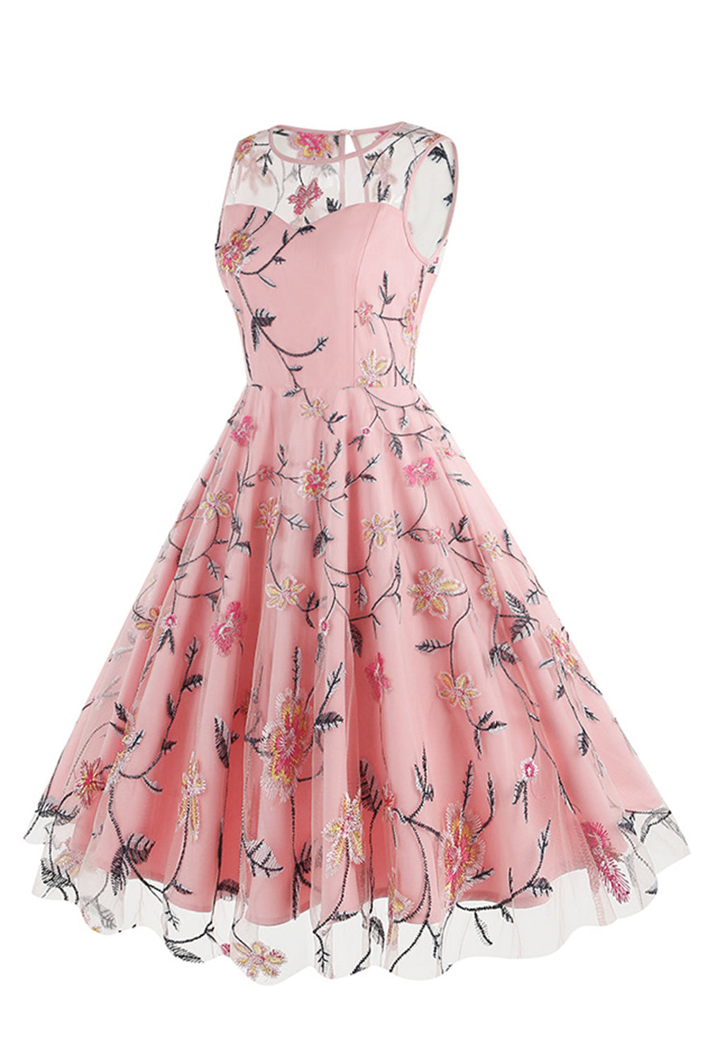 Abrikos Elegant Blomstret Broderet Ærmeløs Midi Vintage Kjole