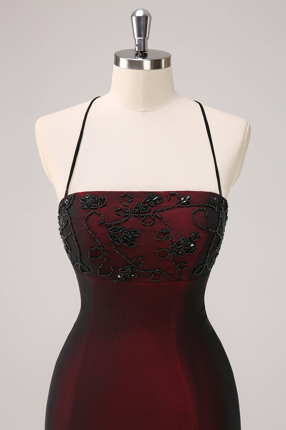 Sort Rød Spaghetti Stropper Havfrue Brudepige Kjole med Beading