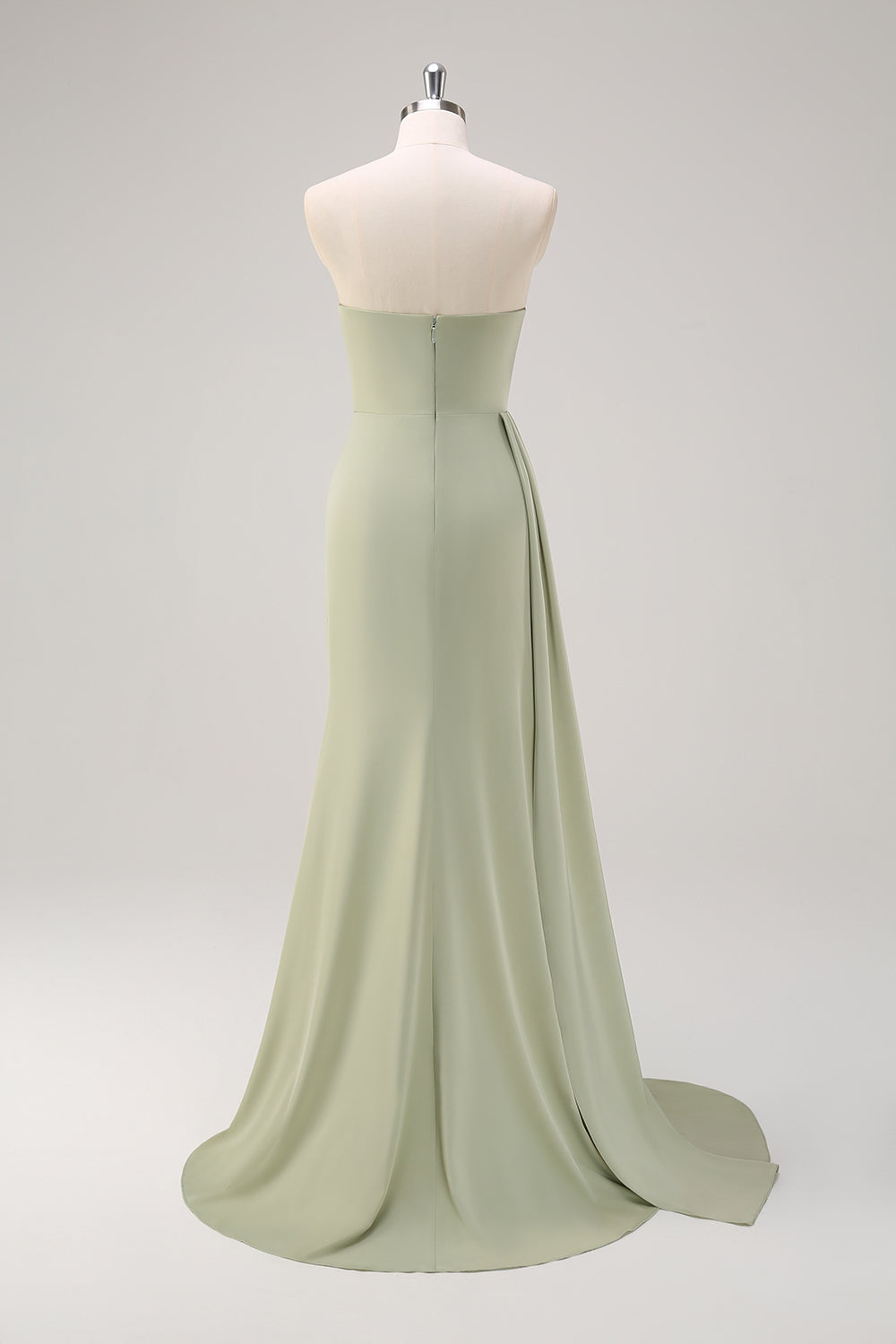 Sage stropløs havfrue satin lang brudepigekjole med slids