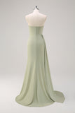 Sage stropløs havfrue satin lang brudepigekjole med slids