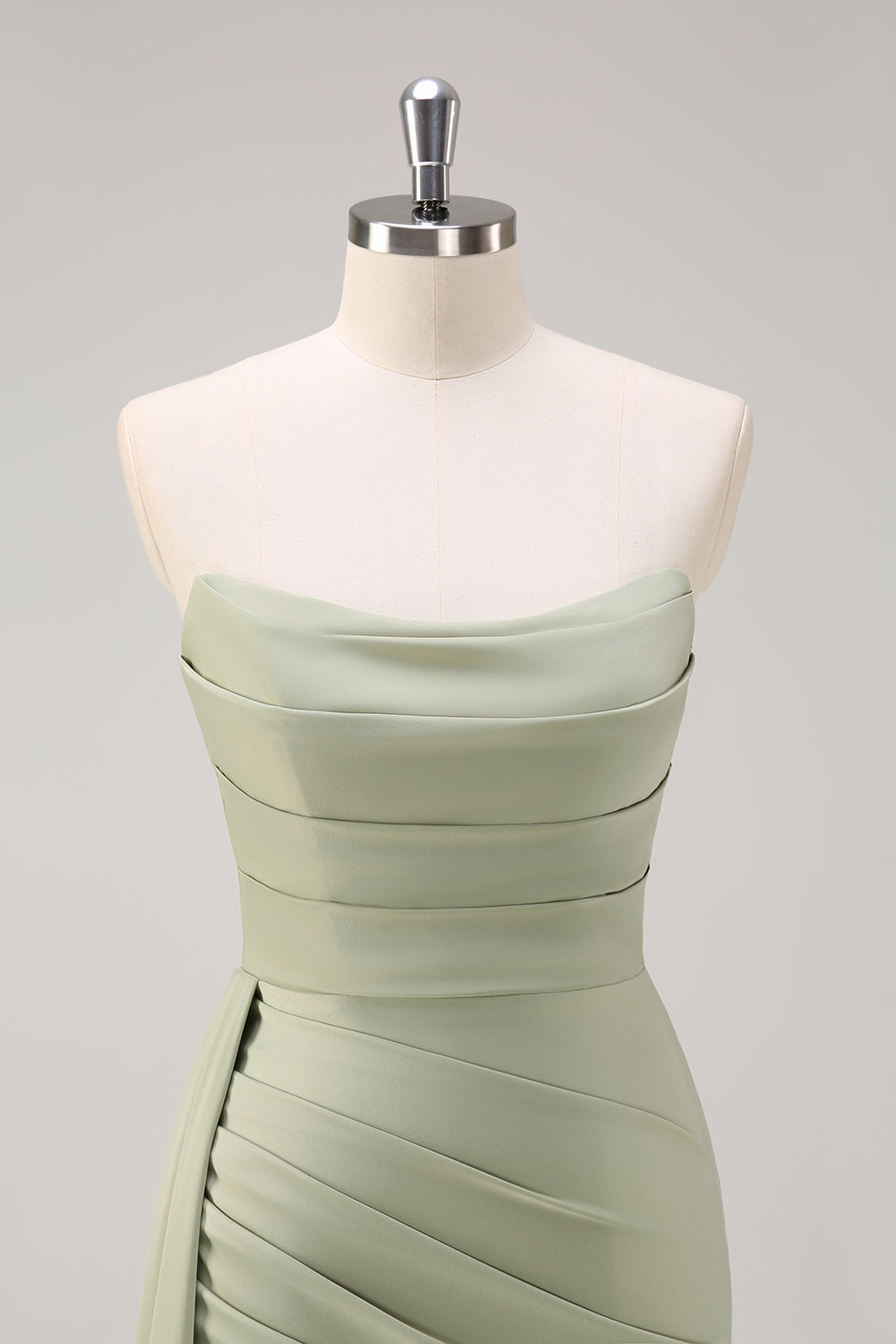 Sage stropløs havfrue satin lang brudepigekjole med slids