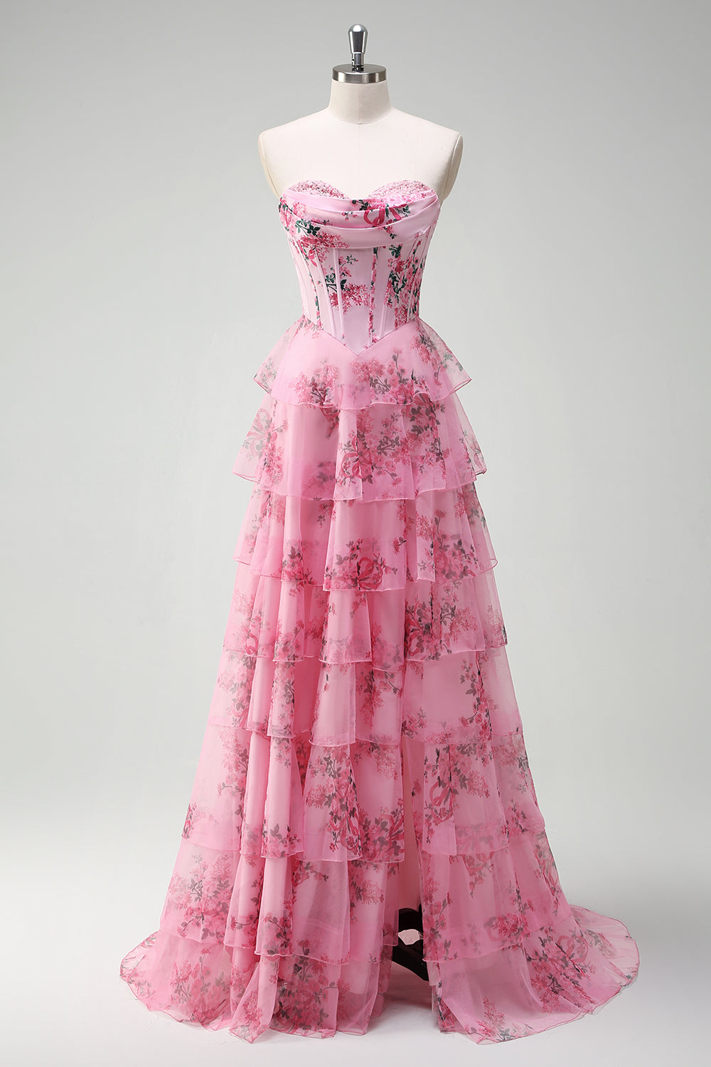Floral A Line Stropløs Korset Lagdelt Blush Gallakjole med slids
