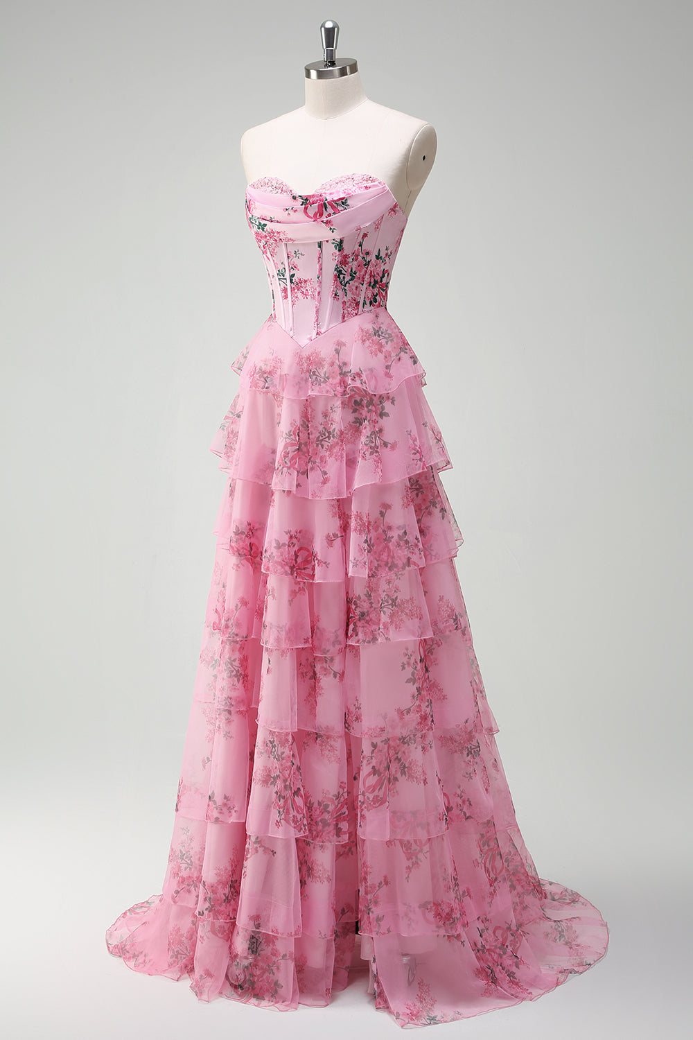 Blush Floral A Line Stropløs Korset Lagdelt Gallakjole
