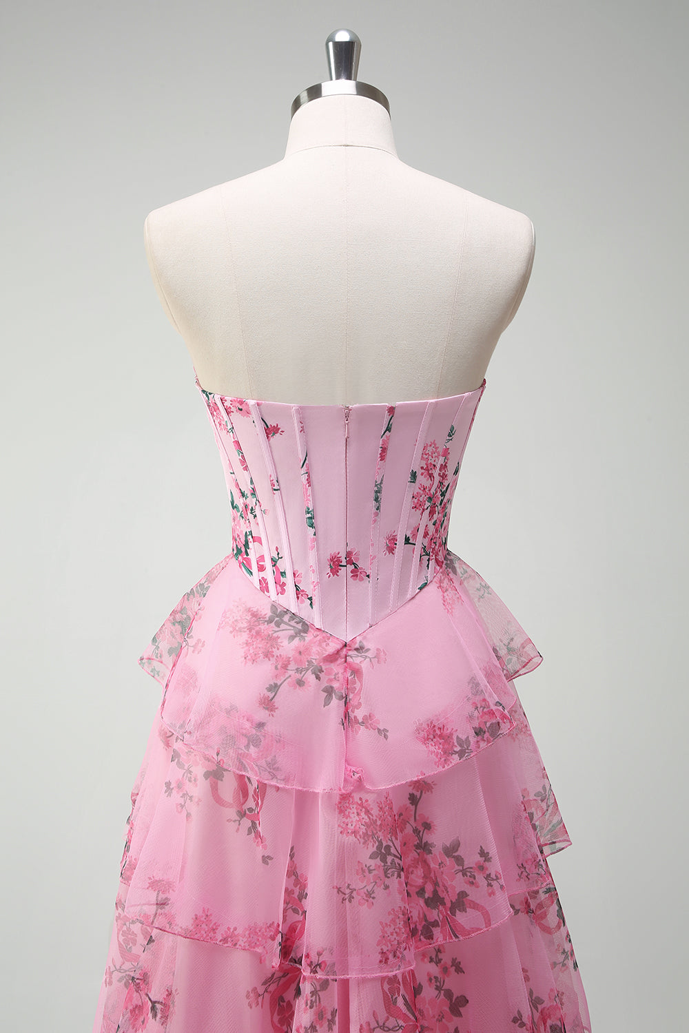 Blush Floral A Line Stropløs Korset Lagdelt Gallakjole