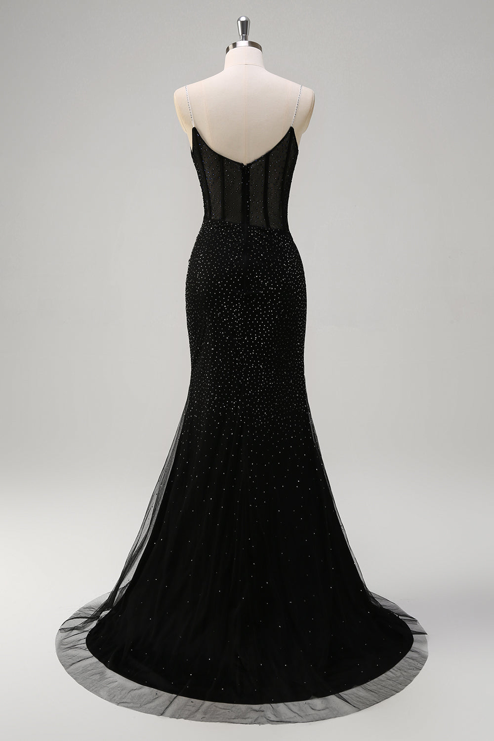 Glitrende sort havfrue Spaghetti stropper korset beaded lang gallakjole med slids