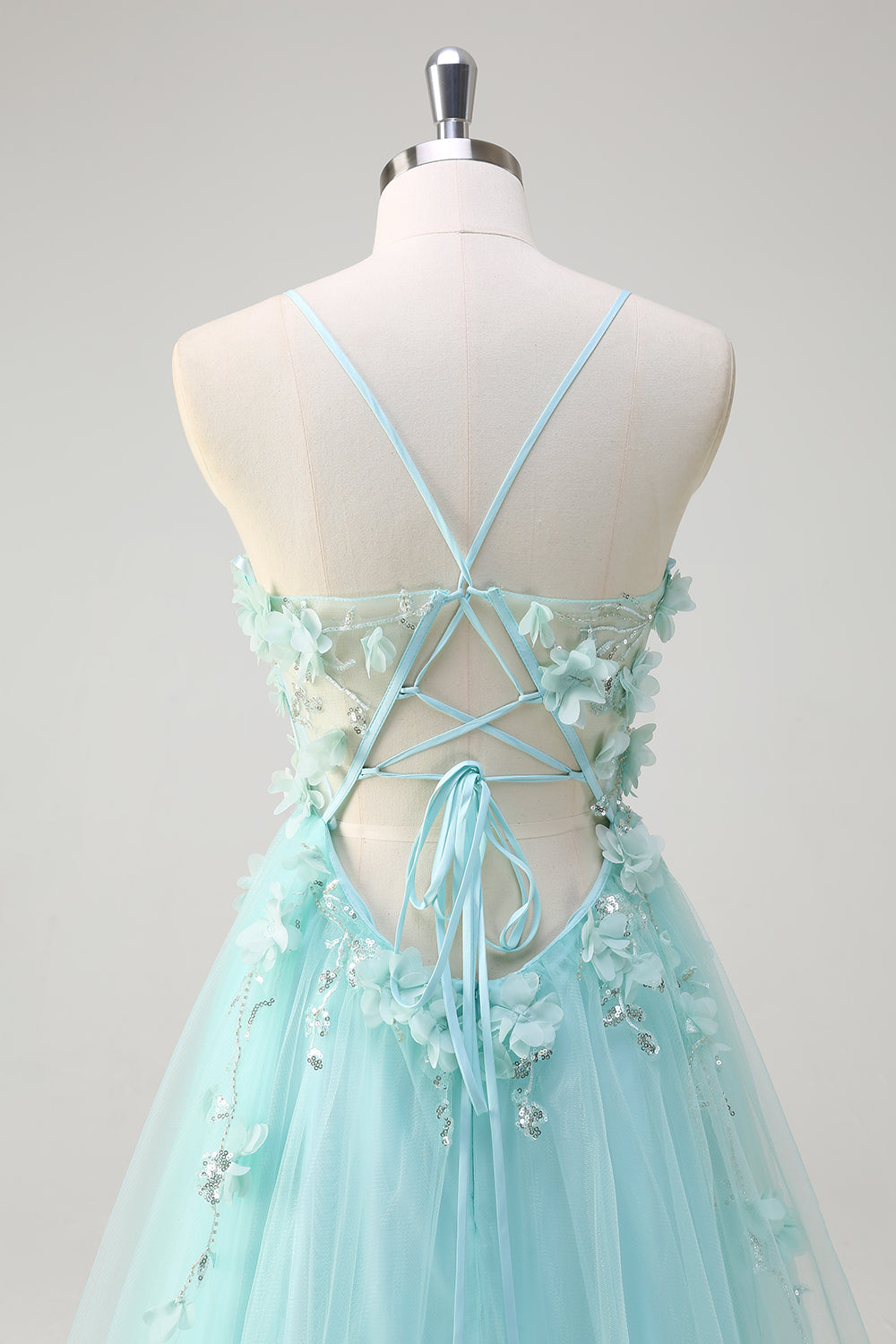 Grøn A Line Spaghetti Stropper Paillet Tyl Gallakjole Med 3D Blomster