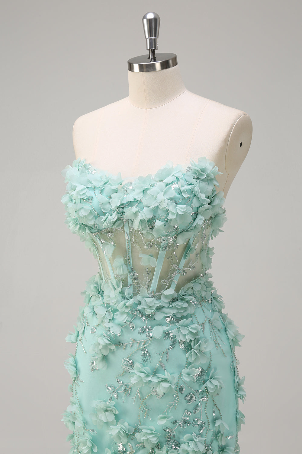 grøn havfrue stropløs gennemsigtig korset flæsede lang gallakjole med 3D blomster