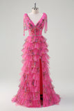 Fuchsia A Line Flæse V-hals Lagdelt Floral Prom Kjole med slids