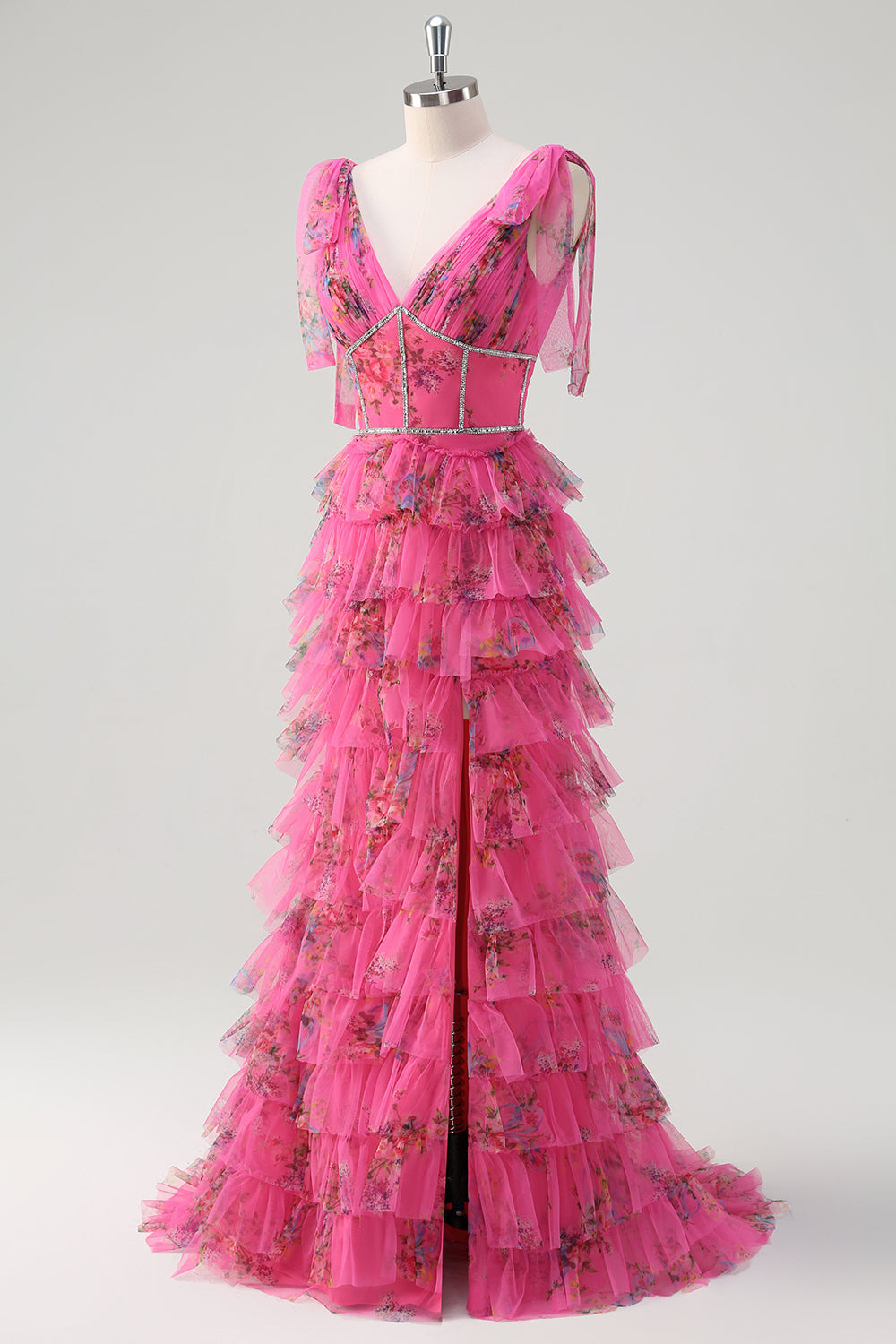 Fuchsia A Line Flæse V-hals Lagdelt Floral Prom Kjole med slids