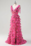 Fuchsia A Line Flæse V-hals Lagdelt Floral Prom Kjole med slids