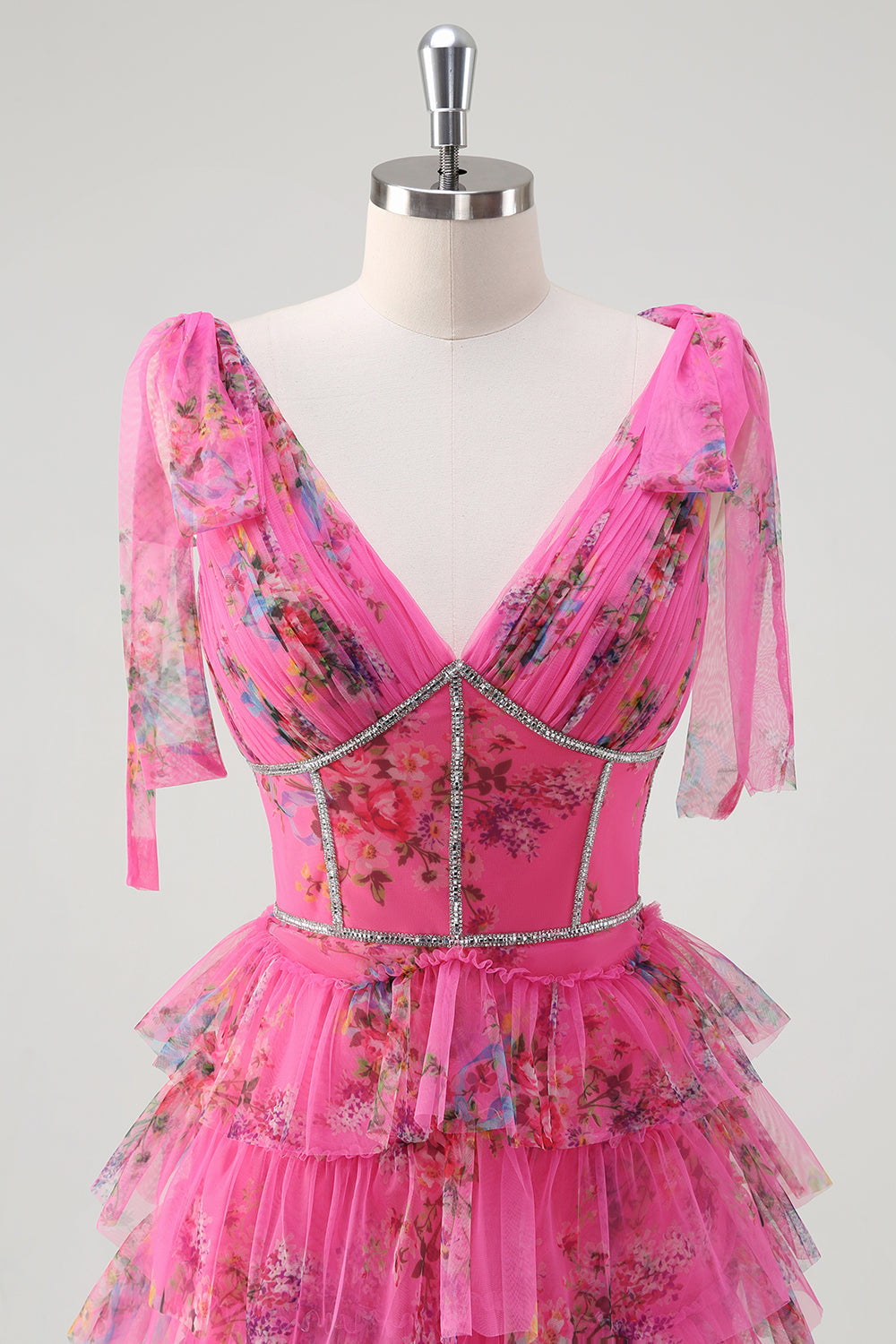 Fuchsia A Line Flæse V-hals Lagdelt Floral Prom Kjole med slids