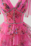 Fuchsia A Line Flæse V-hals Lagdelt Floral Prom Kjole med slids