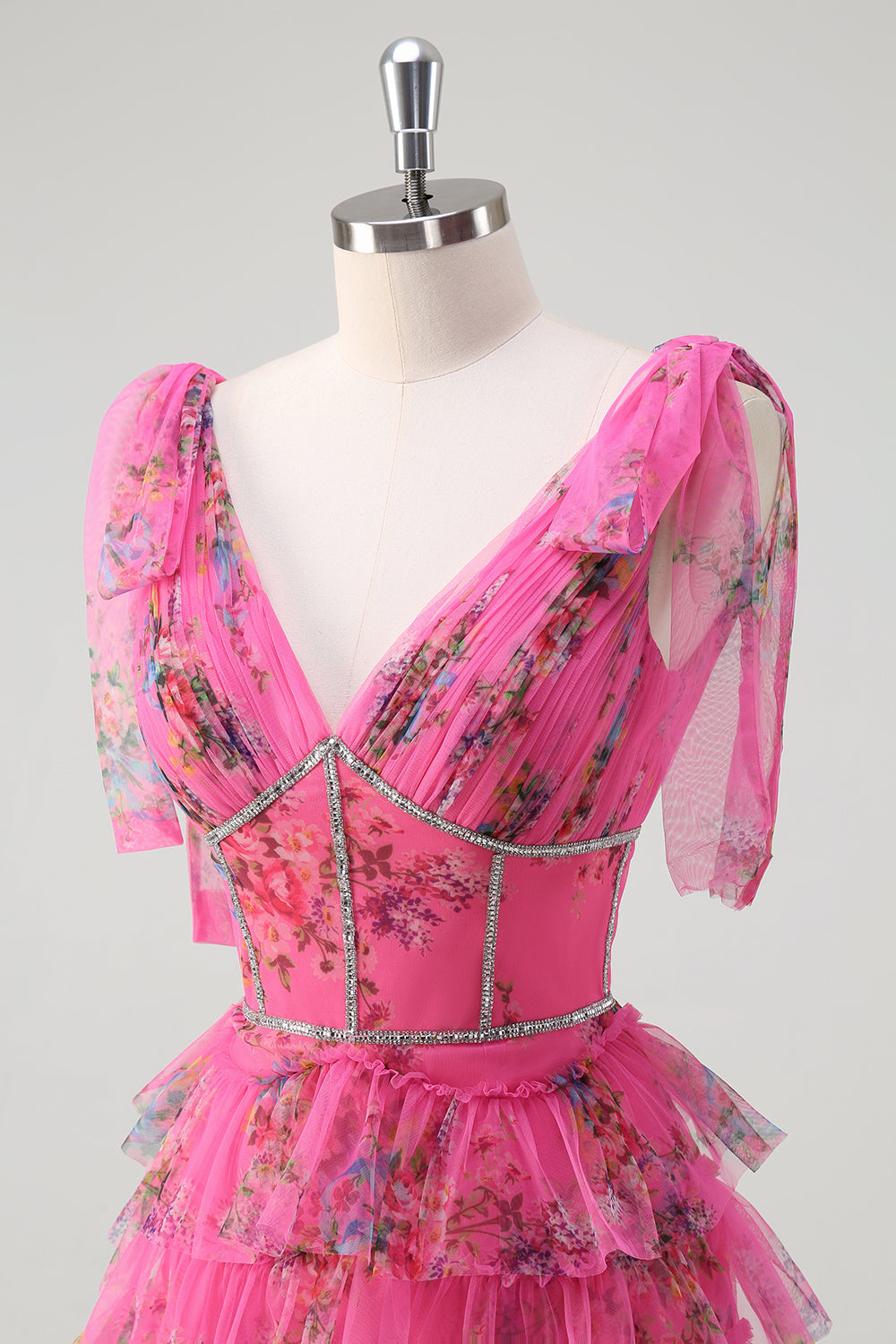 Fuchsia A Line Flæse V-hals Lagdelt Floral Prom Kjole med slids
