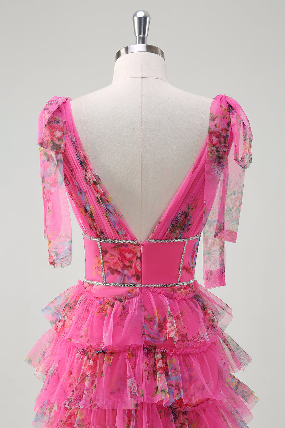 Fuchsia A Line Flæse V-hals Lagdelt Floral Prom Kjole med slids