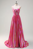 Fuchsia A-Line Spaghetti stropper Metallisk plisseret lang gallakjole med slids