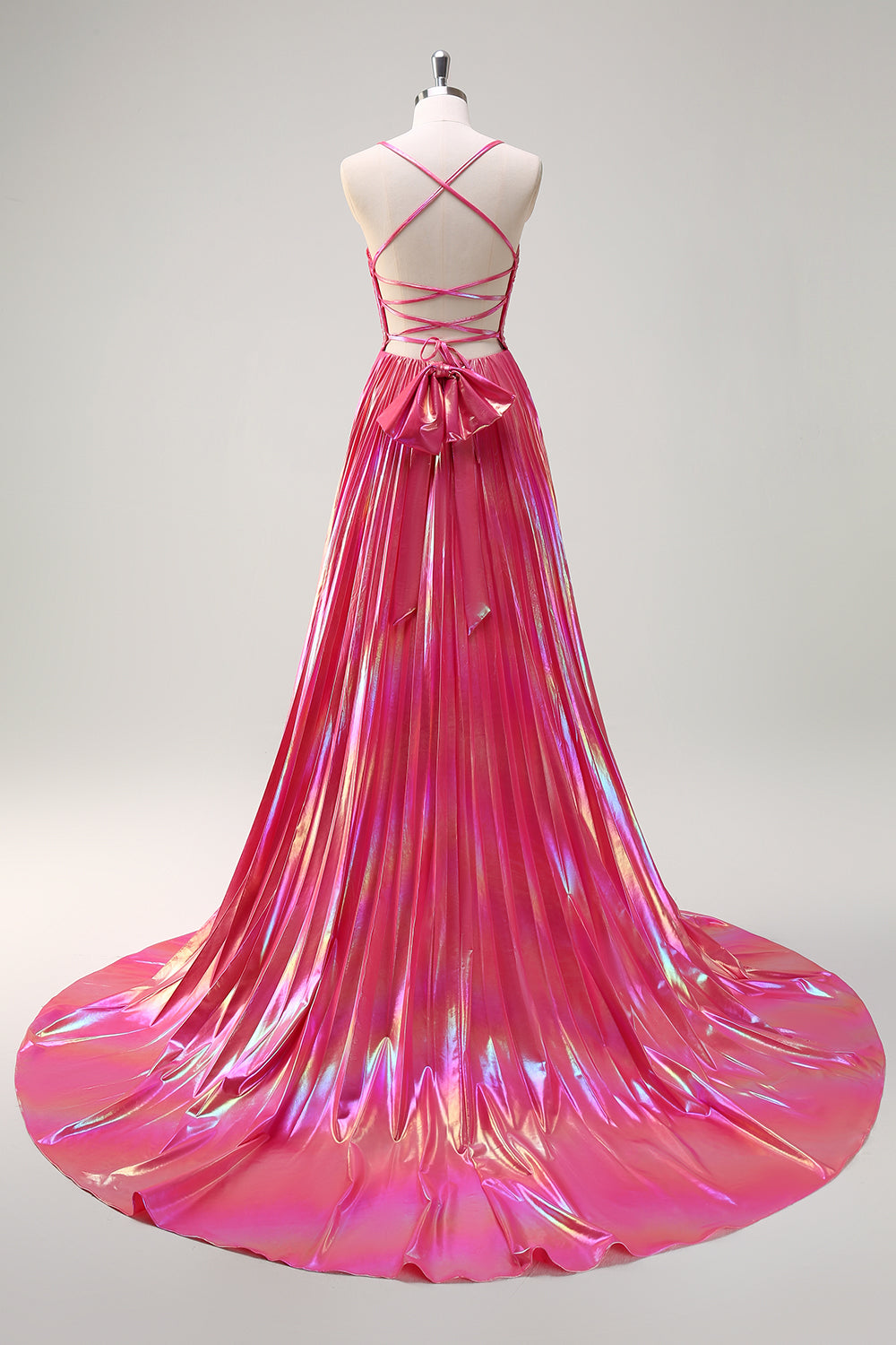 Fuchsia A-Line Spaghetti stropper Metallisk plisseret lang gallakjole med slids