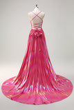 Fuchsia A-Line Spaghetti stropper Metallisk plisseret lang gallakjole med slids