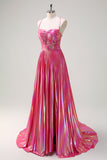 Fuchsia A-Line Spaghetti stropper Metallisk plisseret lang gallakjole med slids