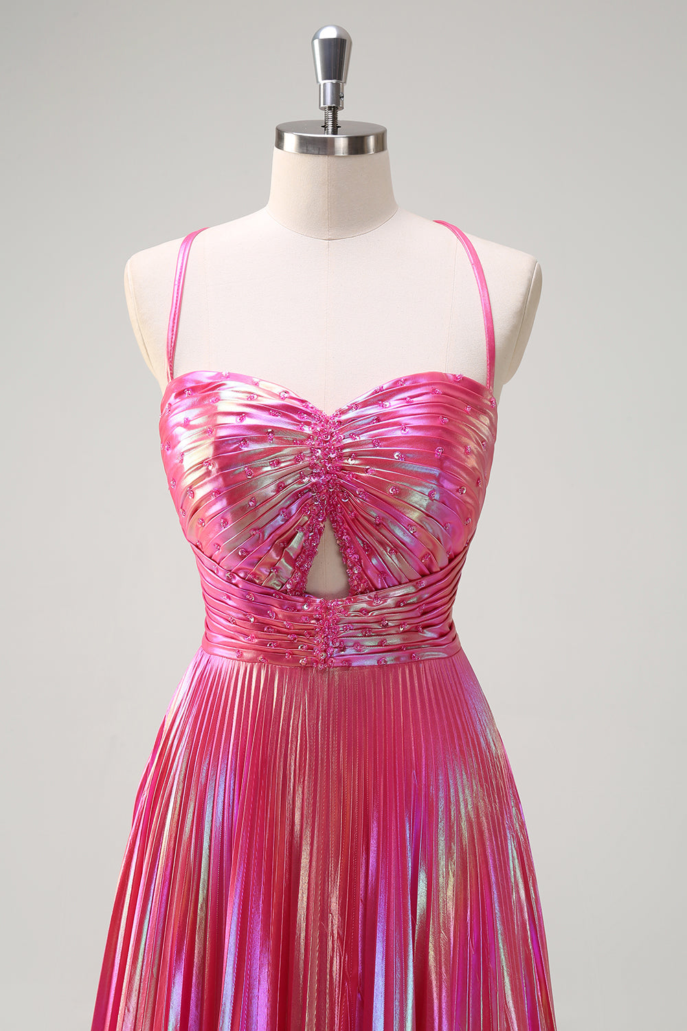 Fuchsia A-Line Spaghetti stropper Metallisk plisseret lang gallakjole med slids