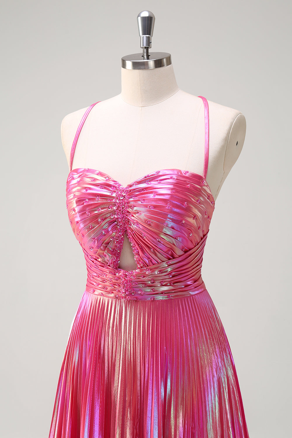 Fuchsia A-Line Spaghetti stropper Metallisk plisseret lang gallakjole med slids