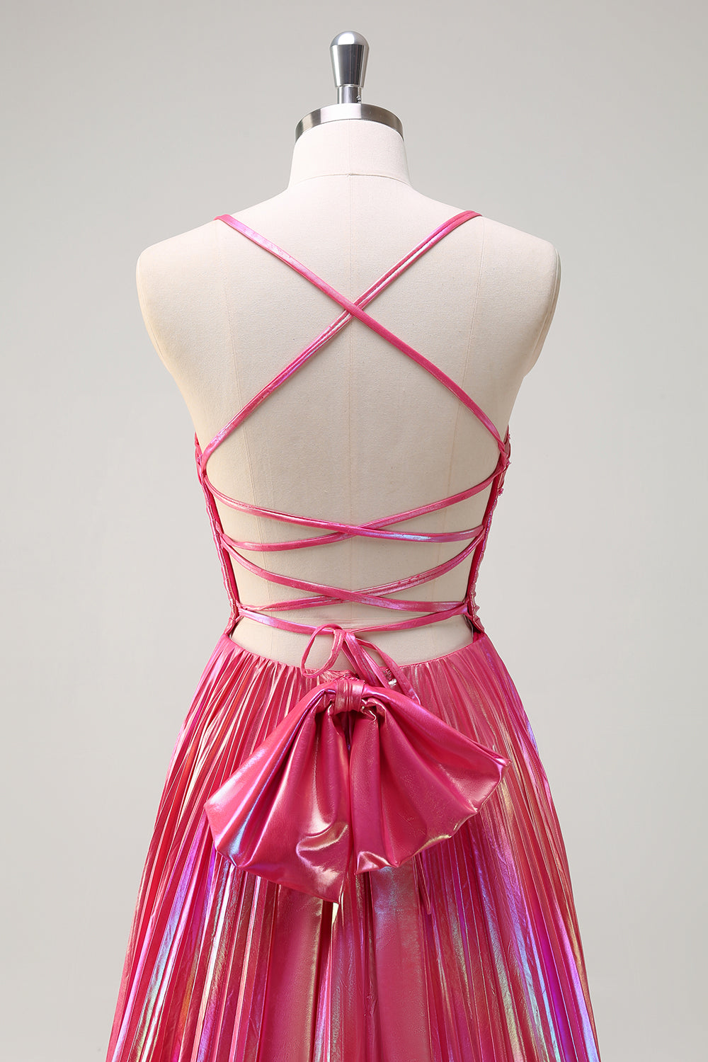 Fuchsia A-Line Spaghetti stropper Metallisk plisseret lang gallakjole med slids