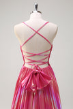 Fuchsia A-Line Spaghetti stropper Metallisk plisseret lang gallakjole med slids
